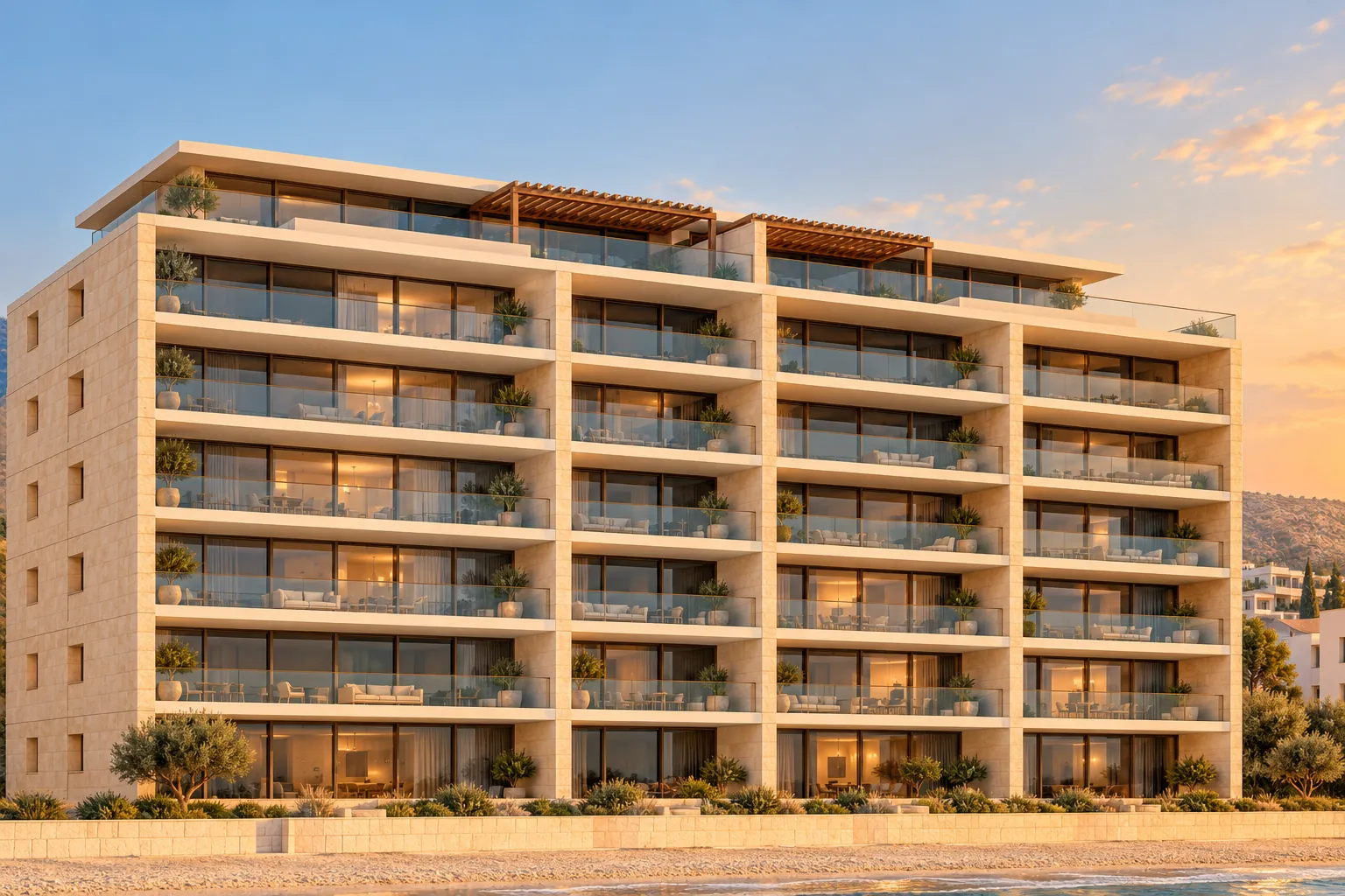 South and west facades of Myrtaleo with all homes, seen from the beach to the south-west — illustrative visualisation