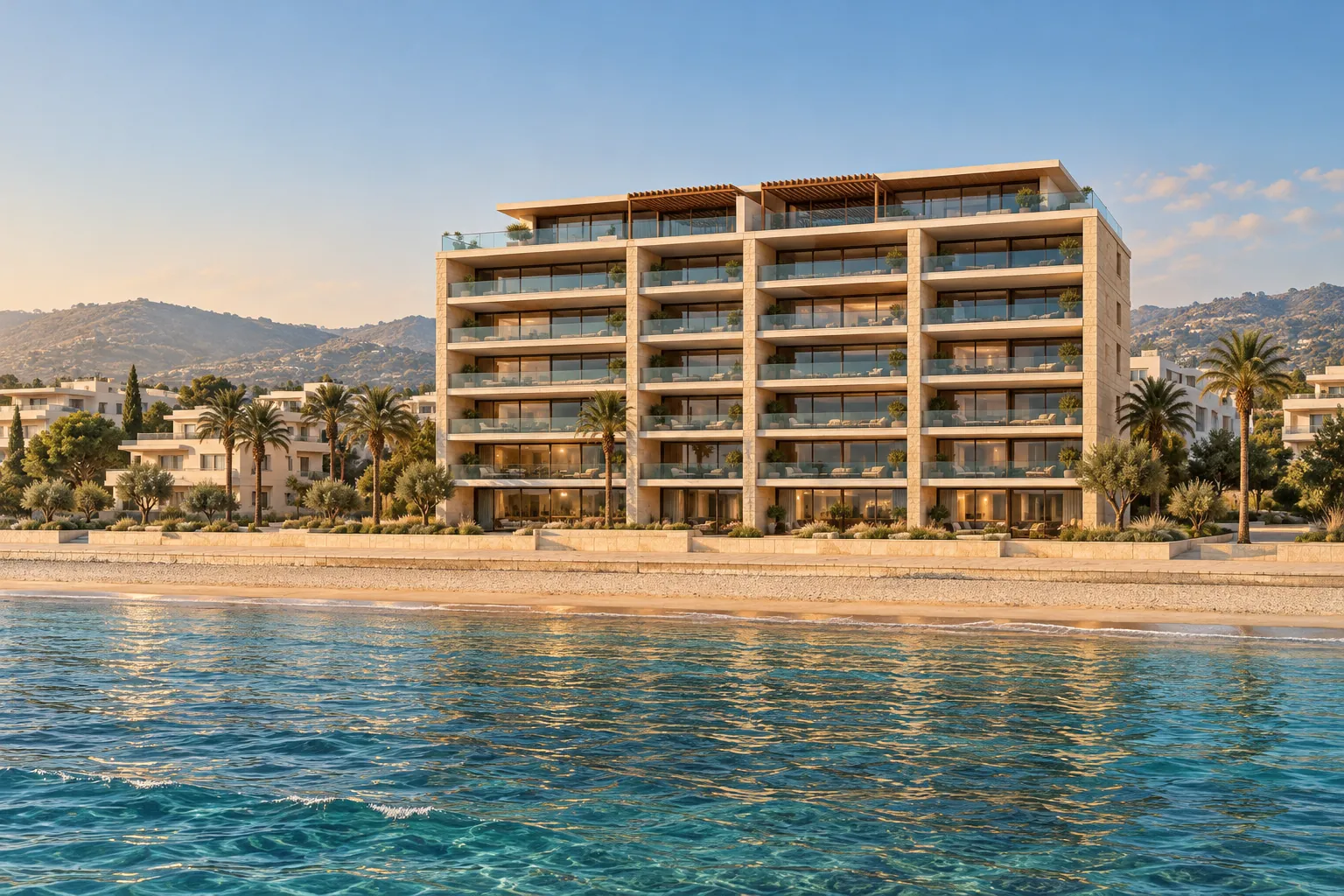 Myrtaleo seen from the sea at golden hour: seven-storey building in warm limestone with deep covered verandas, glass balustrades and two setback penthouses with timber pergolas, above a sandy beach and promenade — illustrative visualisation
