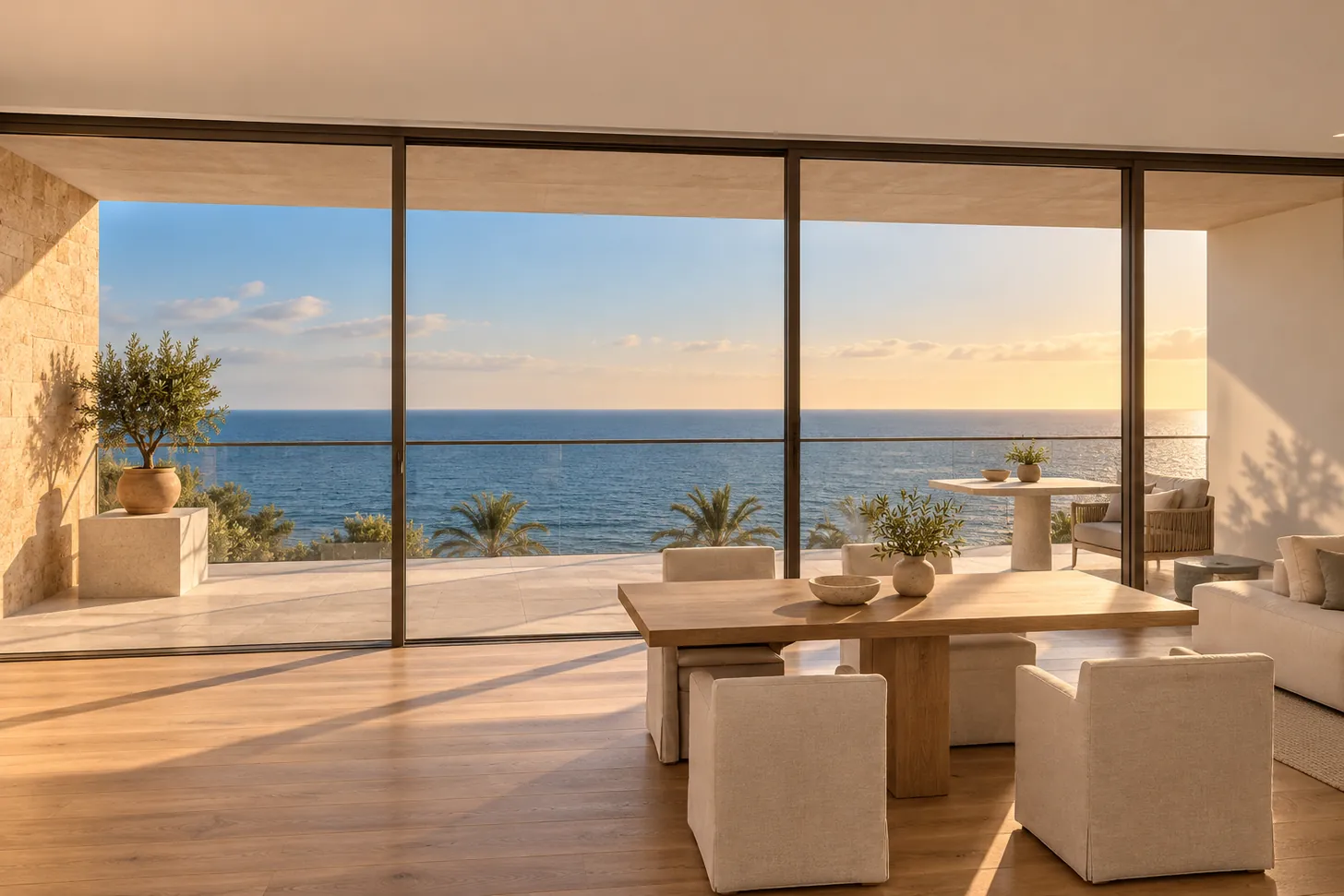 Living room of home 303: sliding glass doors onto the deep veranda and the sea, oak floor, linen sofa and dining table — illustrative visualisation