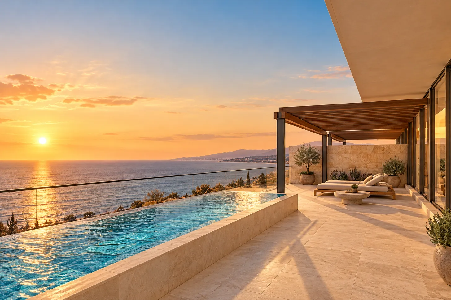 Roof terrace of penthouse PH2: private pool along the glass balustrade, timber pergola and the sea to the south-west — illustrative visualisation